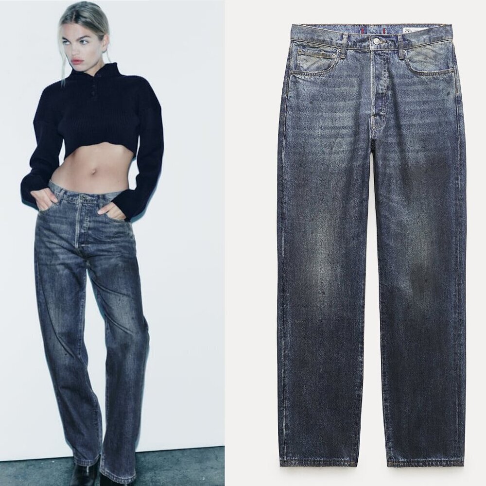 NWT New Zara The Loose Fit Jeans In Distressed Resin Size 6
